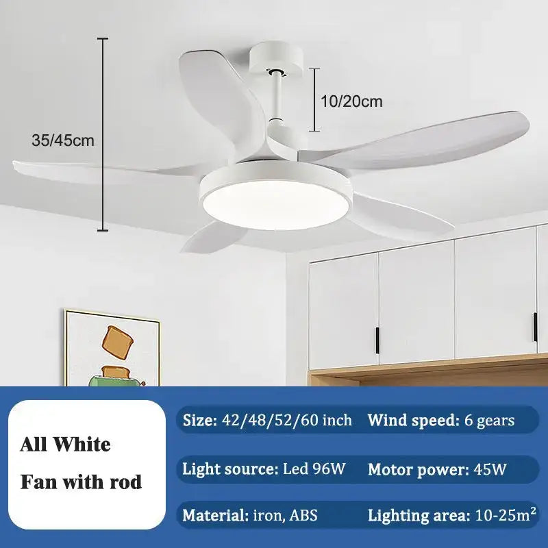 Modern white ceiling fan light with four iron and abs plastic blades and integrated led for living room use