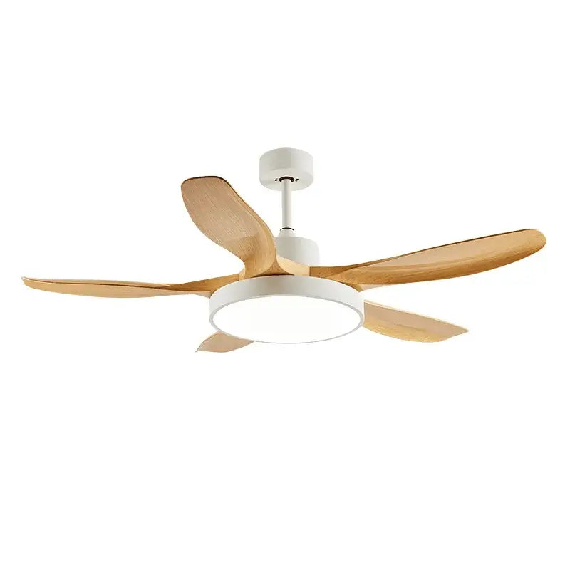 Modern ceiling fan with five light wood blades and integrated led fan light with remote control for living room use