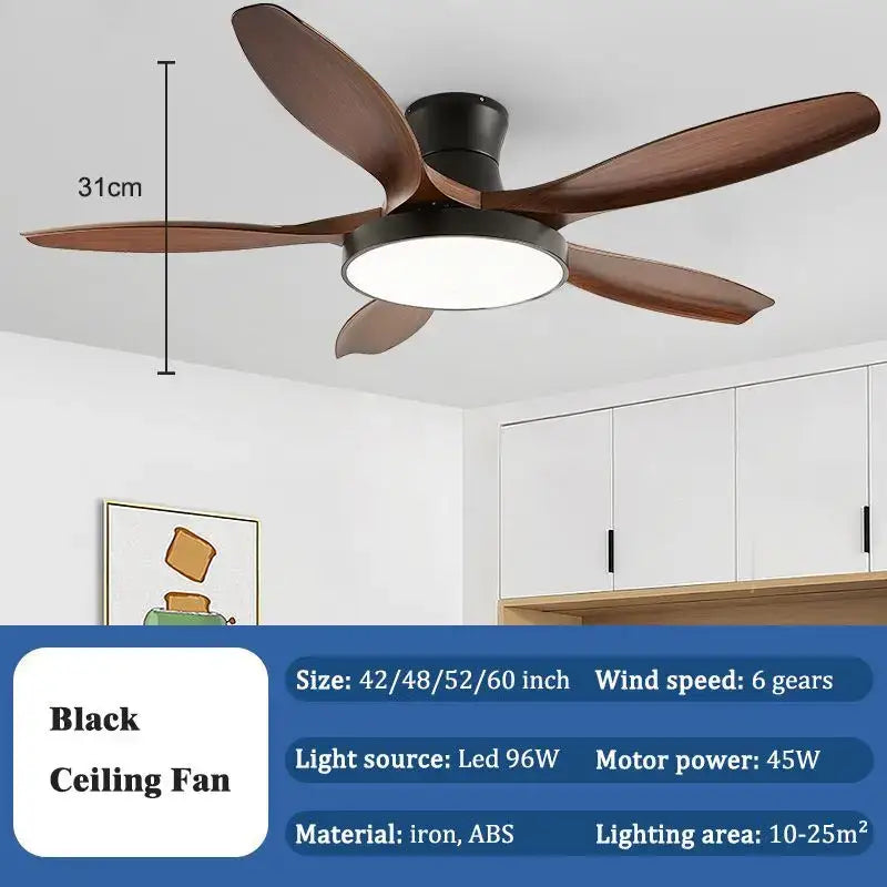 Modern ceiling fan with five dark wood blades and central led fan light with remote control for living room use