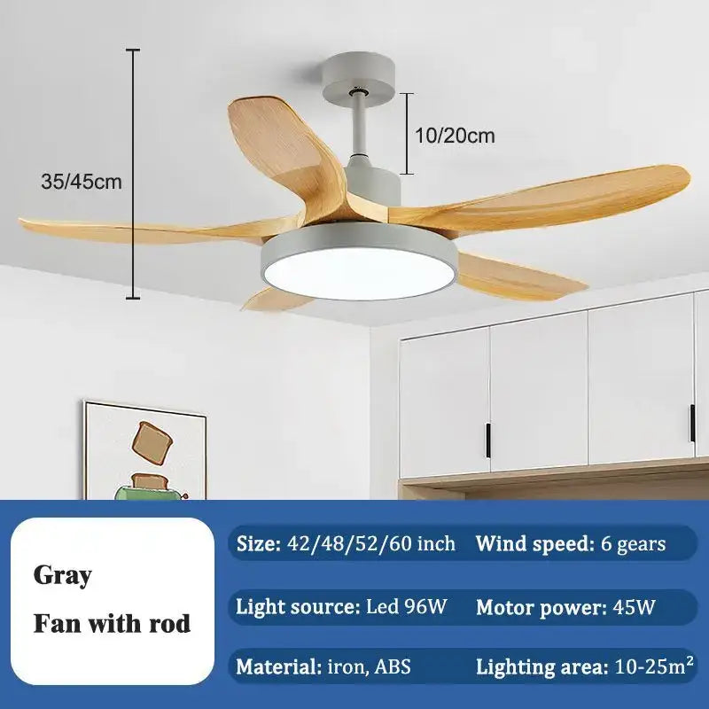 Modern gray ceiling fan light with five light wood blades and central led fixture for living room use