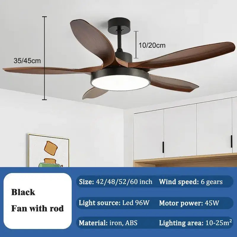 Black ceiling fan with five dark wood blades and central led fan light for modern living room ceiling fan light