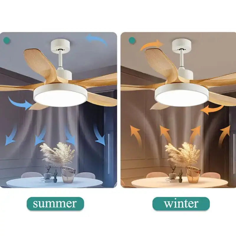 Modern ceiling fan with light featuring wooden blades white housing and remote control for living room use