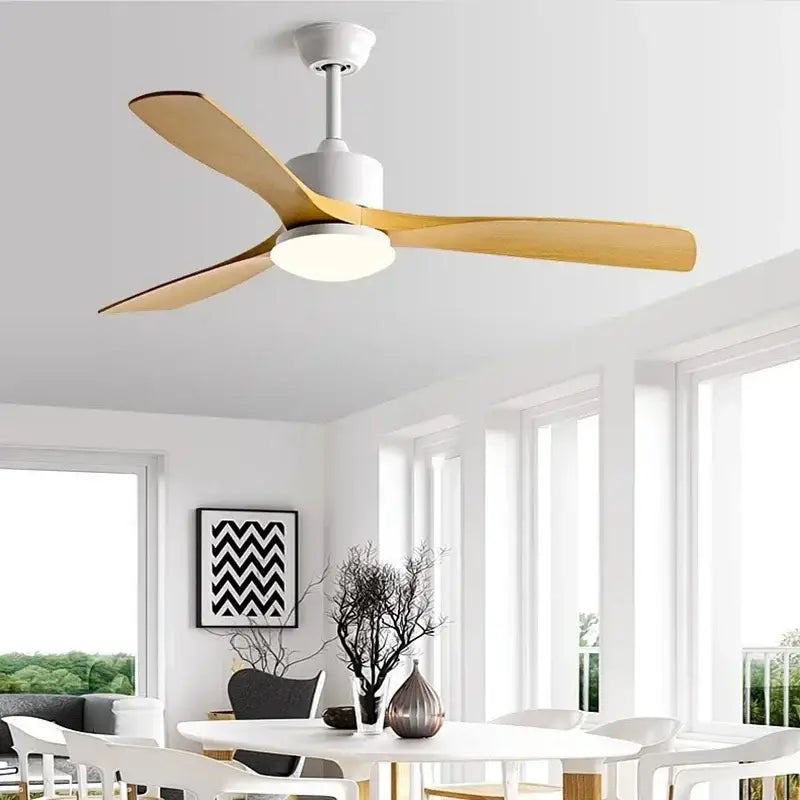 Modern dark bronze ceiling fan with three light wood blades and integrated led light with remote control for bedroom use