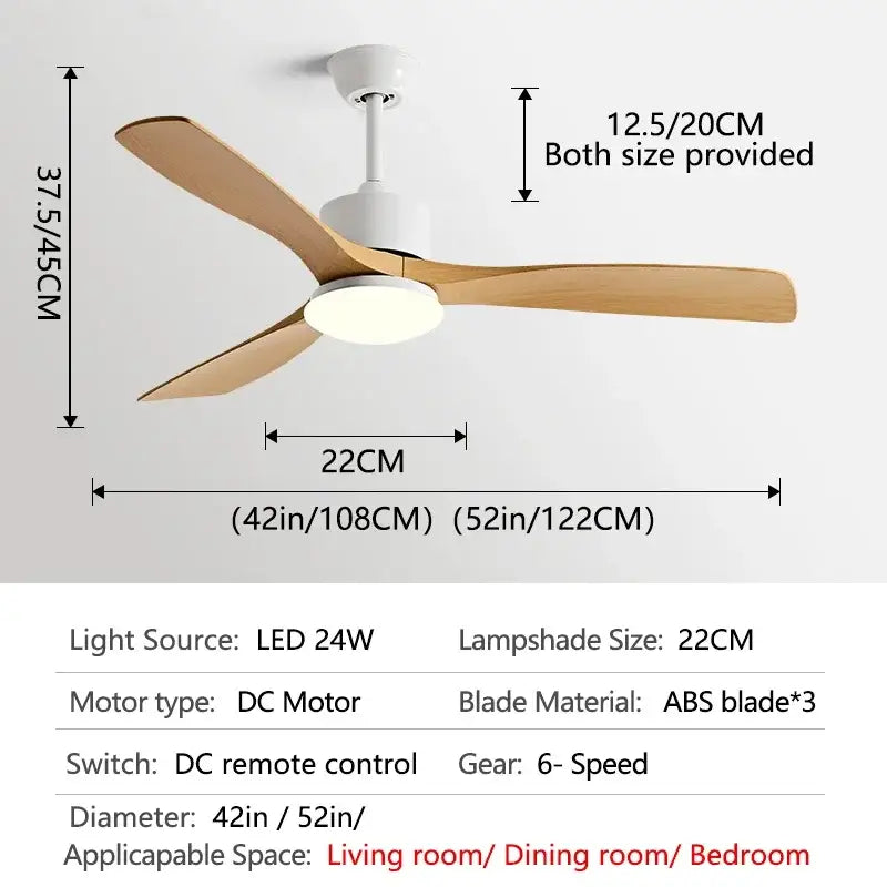 Modern dark bronze ceiling fan with three light wood blades and integrated led light with remote control for bedrooms