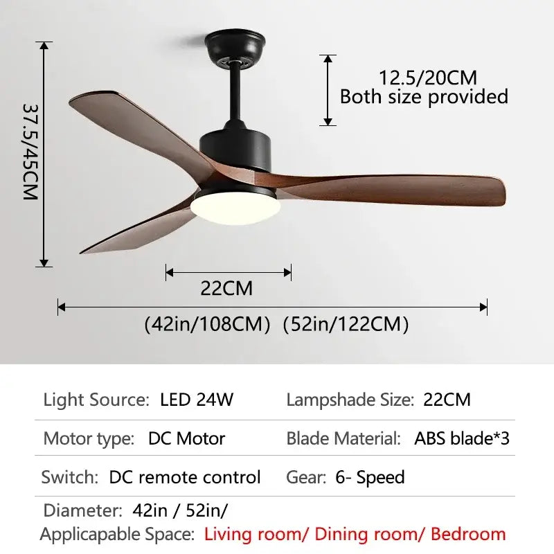 Modern dark bronze ceiling fan with three dark brown abs blades led light and remote control for bedroom use