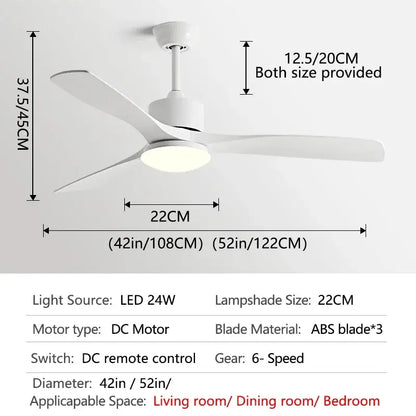 White ceiling fan with three abs blades and integrated led light suitable for bedroom with remote control functionality