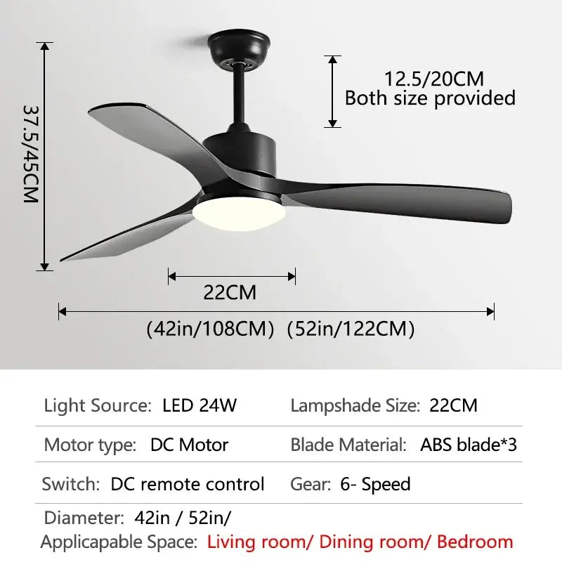 Modern dark bronze ceiling fan with three sleek abs blades and integrated led light with remote control for bedroom