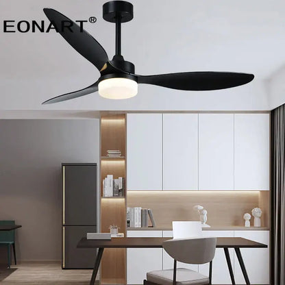 Modern black and dark brown ceiling fan with sleek plastic blades, integrated lighting, and remote control for bedroom use