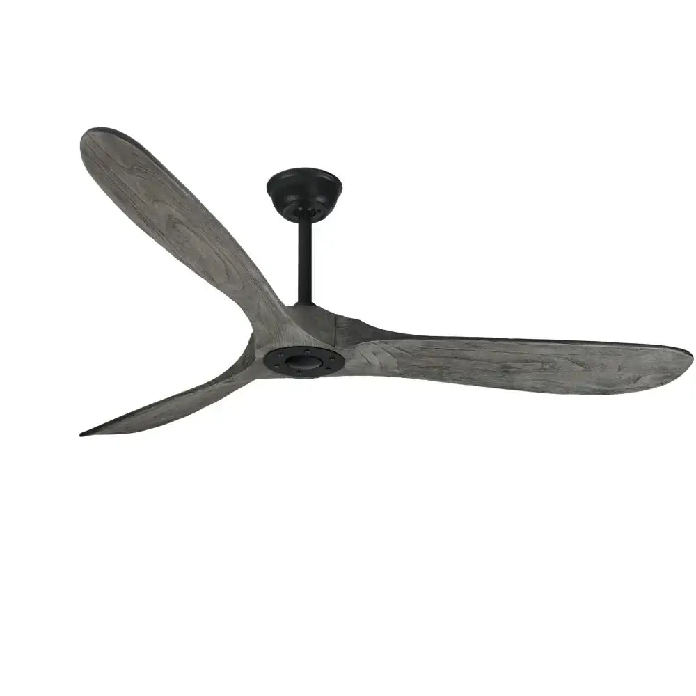 Modern vintage grey wood ceiling fan with three wide wood grain blades and matte black hub for living room ceiling fan use