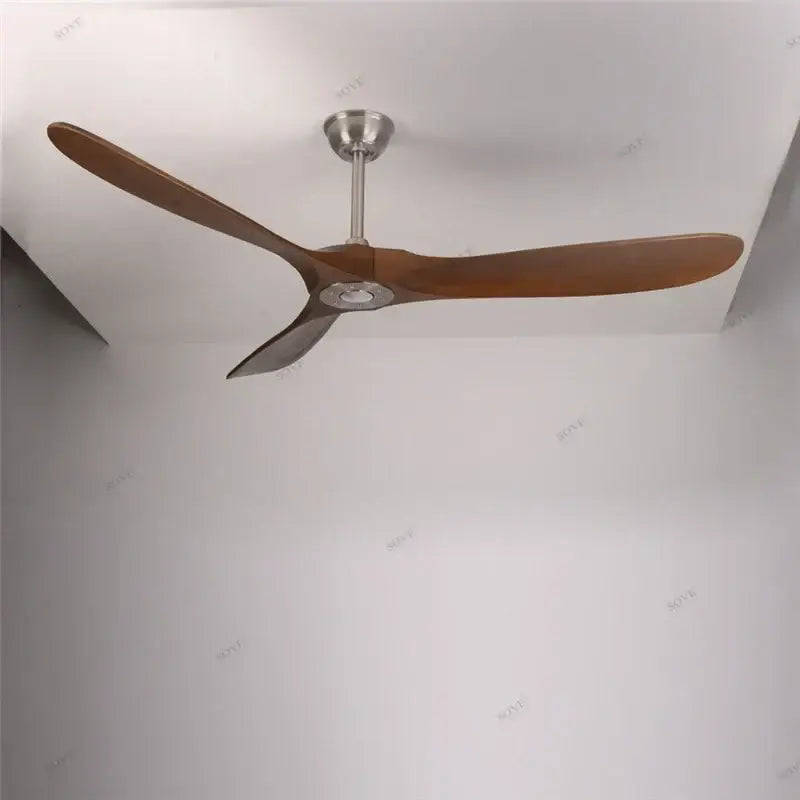 Vintage grey wood ceiling fan with sleek dark brown wooden blades and polished stainless steel hub for living room use