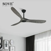 Vintage grey wood ceiling fan by sove with three dark gray wood-grain blades and black hub for living room use