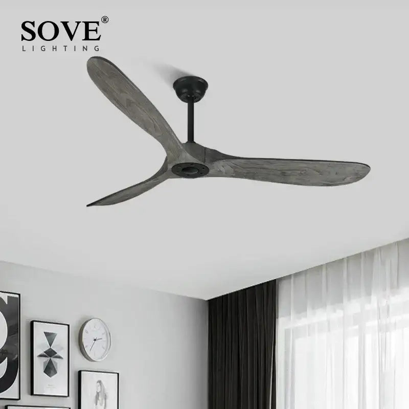 Vintage grey wood ceiling fan by sove with three dark gray wood-grain blades and black hub for living room use