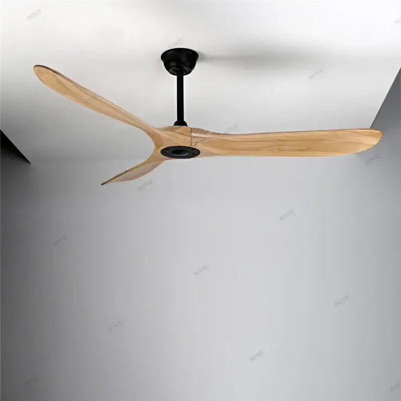 Modern vintage grey wood ceiling fan with three slender light wood blades and sleek black hub for living room use
