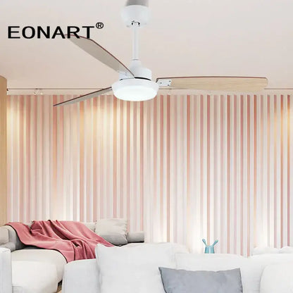 Modern black and white led ceiling fan with light wood blades and integrated led lighting for bedroom use