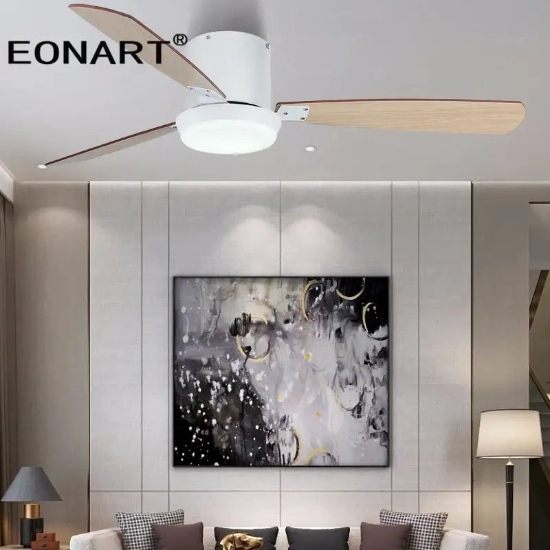 Modern black and white led ceiling fan with wood blades featuring a white eonart ceiling fan light for bedroom use