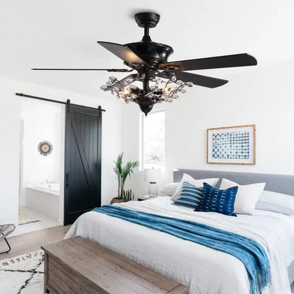 Luxury black crystal ceiling fan with wood blades and crystal ceiling chandelier accents for living room use