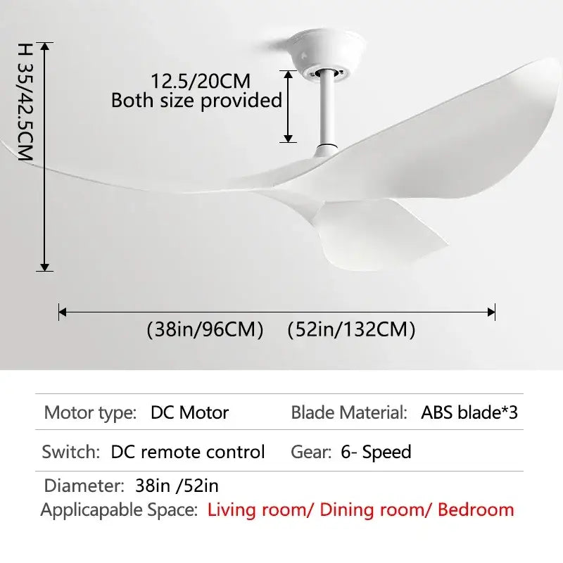 White ceiling fan with sleek modern abs blades and dc motor for living room remote control use