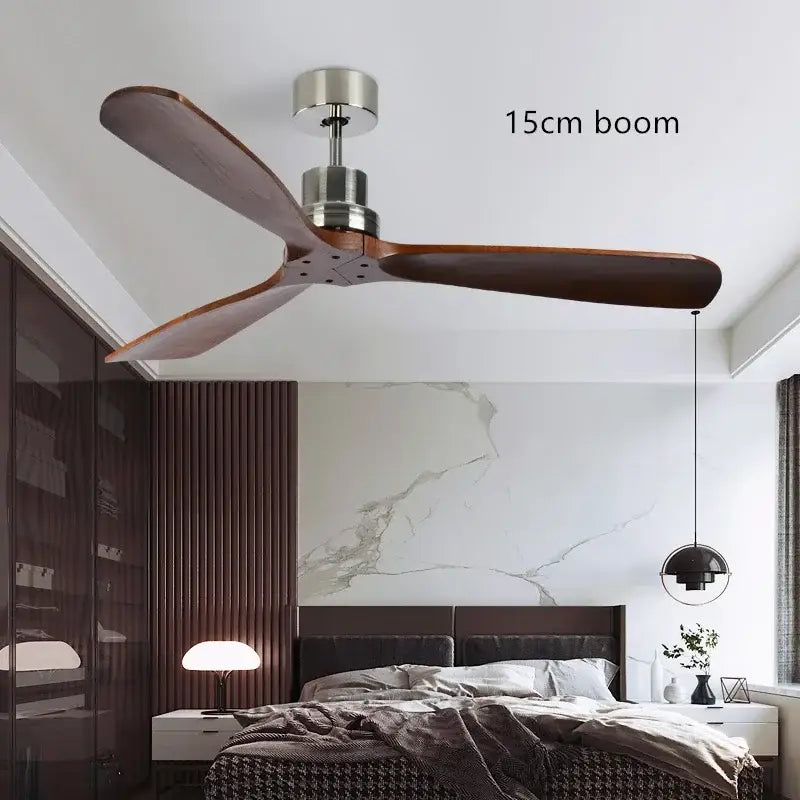 Modern propeller ceiling fan with three dark brown wooden blades and a sleek silver metallic hub for living room use