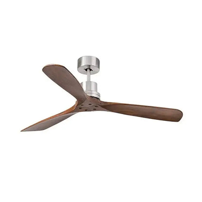 Modern propeller ceiling fan with three dark brown wooden blades and a sleek silver chrome finish for living rooms