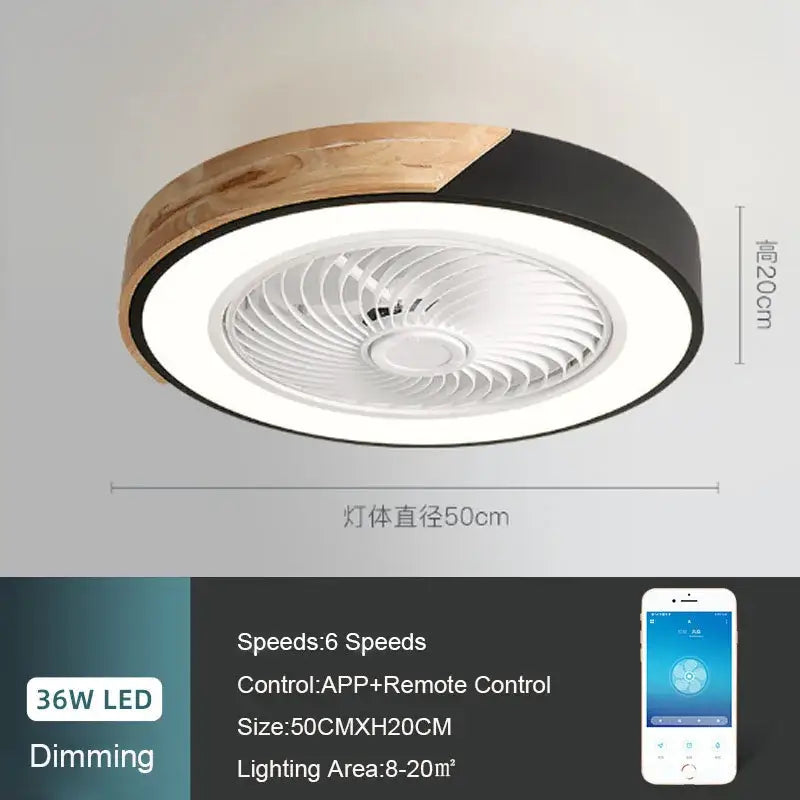 Modern white and light wood circular ceiling fan light with integrated led and wood-grain black matte ceiling fan light