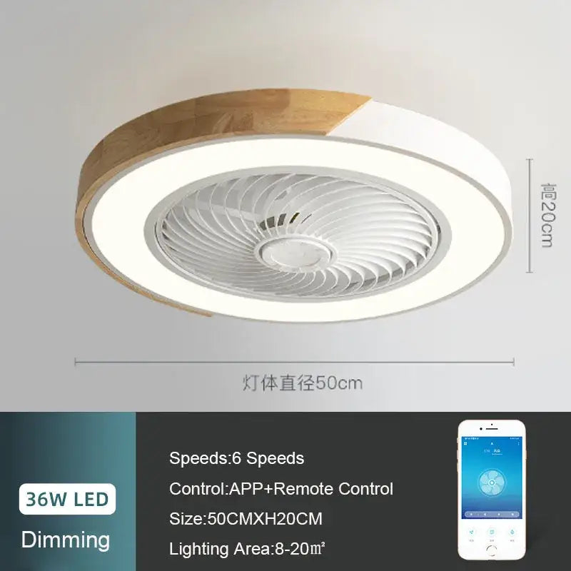 Modern white and light wood circular ceiling fan light with integrated led lighting for living room use
