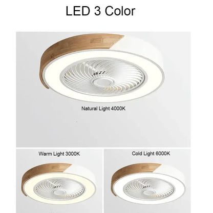 Modern wood and black ceiling fan light with white led fan light and natural wood trim offering three color settings