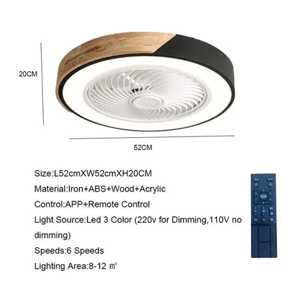 Modern wood and black ceiling fan light with integrated led lighting featuring a circular frame for bedroom use