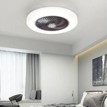 Modern white smart ceiling fan with retractable dark metallic blades and integrated led light for bedroom use