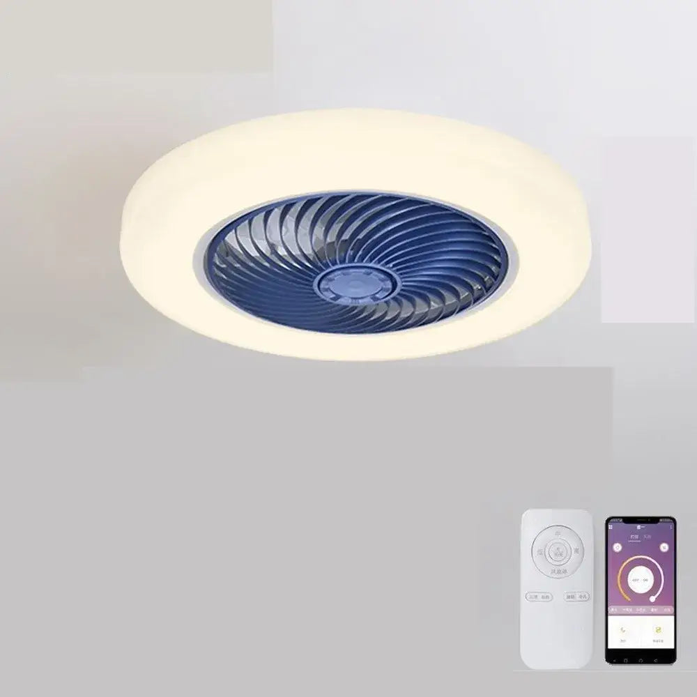 Modern white smart ceiling fan with retractable blades and a circular light fixture featuring a blue motor housing