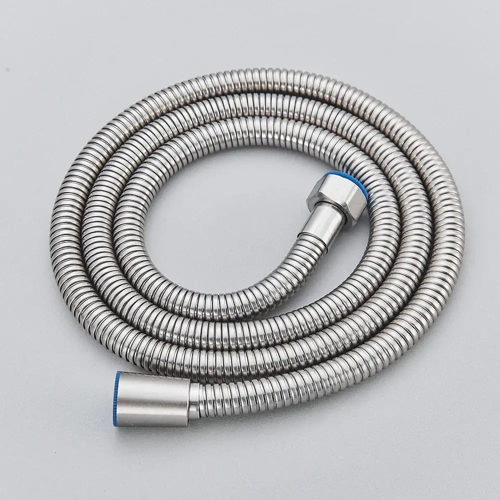 Coiled stainless steel black bronze flexible shower hose with blue-ringed connectors for bathroom hand shower replacement