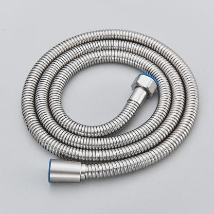 Coiled stainless steel black bronze flexible shower hose with blue-ringed connectors for bathroom hand shower replacement