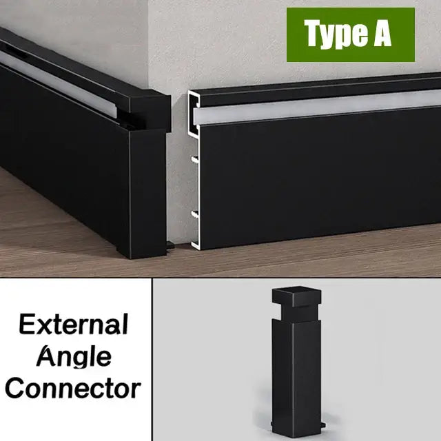 Black decorbites™ 5cm led aluminium profile baseboard with sleek design and external angle connector for seamless corners