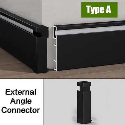 Black decorbites™ 5cm led aluminium profile baseboard with sleek design and external angle connector for seamless corners
