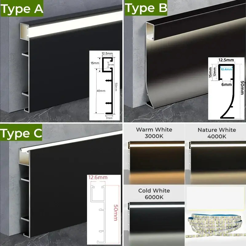 Black aluminium profile led strip light with integrated mounting baseboard in warm, nature, and cold white colors