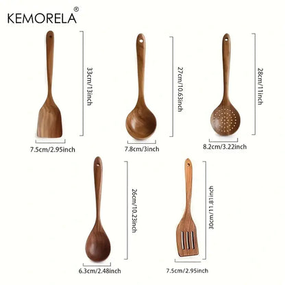 Set of five natural teak wooden cooking utensils including spatula ladle slotted and regular wooden cooking spoons
