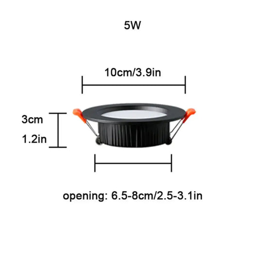 Black 5w recessed led downlight with orange mounting clips and textured base for bright recessed ceiling in home living room