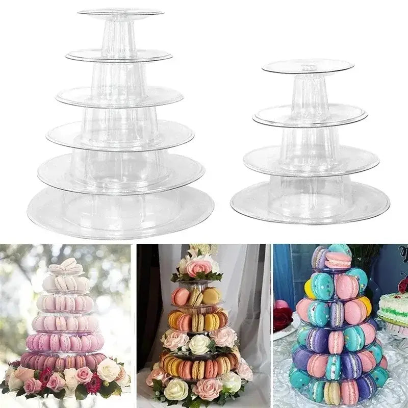 Clear multi-tiered plastic decorbites™ macaron tower stand for cake display at weddings birthdays and baby showers