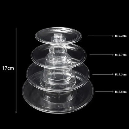 Clear plastic tier macaron tower stand with three graduated circular platforms for cake display and event decor