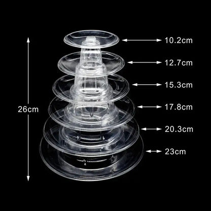 Clear plastic tier macaron tower stand with five circular levels for cake display by decorbites for weddings and showers