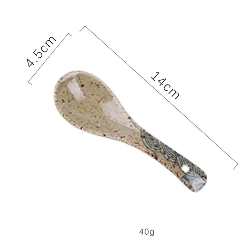 Beige speckled ceramic spoon rest with blue wave handle from decorbites™ retro ceramic ramen bowl set