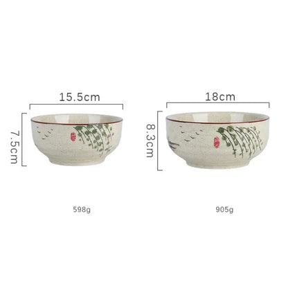 Two cream ceramic ramen bowls with hand-painted green willow branches and birds by decorbites for kitchen use