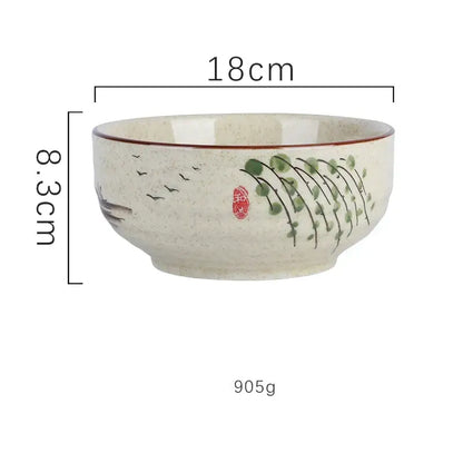 Decorbites™ ceramic ramen bowl with speckled off-white glaze and hand-painted green vines and black birds for kitchen use