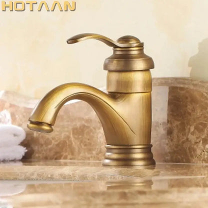 Decorbites™ 6 inch antique brass basin faucet with single handle curved spout and decorative ridged base