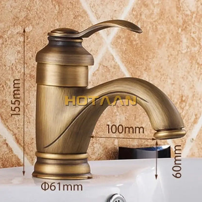 Antique brass basin faucet decorbites 6 inch single handle with curved spout and decorative base YT-5065