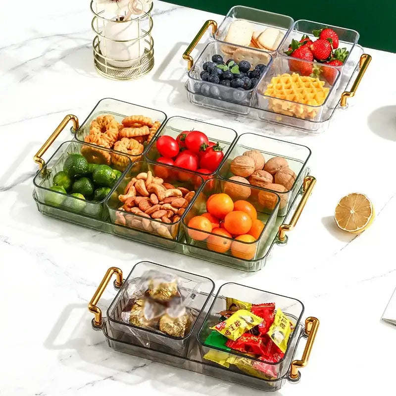 Clear plastic decorbites 6-grid divided fruit plate with gold-tone handles and compartments for snacks and dry fruits