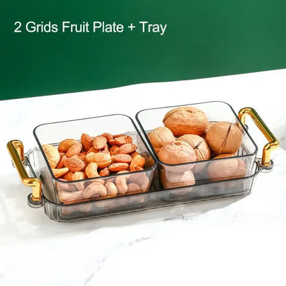 Clear plastic DecorBites™ 6-grid divided fruit plate with gold-tone handles for nuts and walnuts