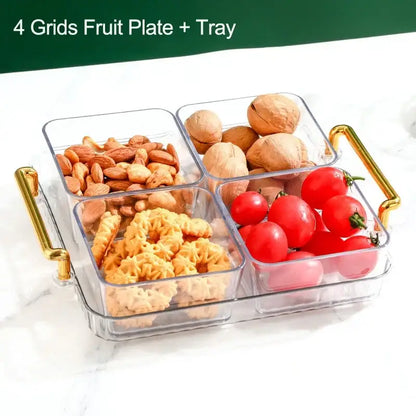DecorBites™ clear plastic 6-grid divided fruit plate with gold handles holding almonds walnuts cookies and tomatoes