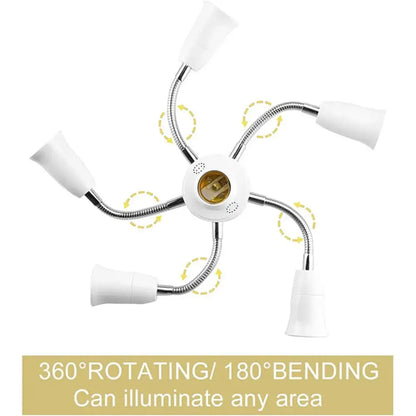 White multi-arm adjustable desk lamp with flexible metallic arms paired with decorbites™ 6-in-1 light splitter socket adapter for led bulbs
