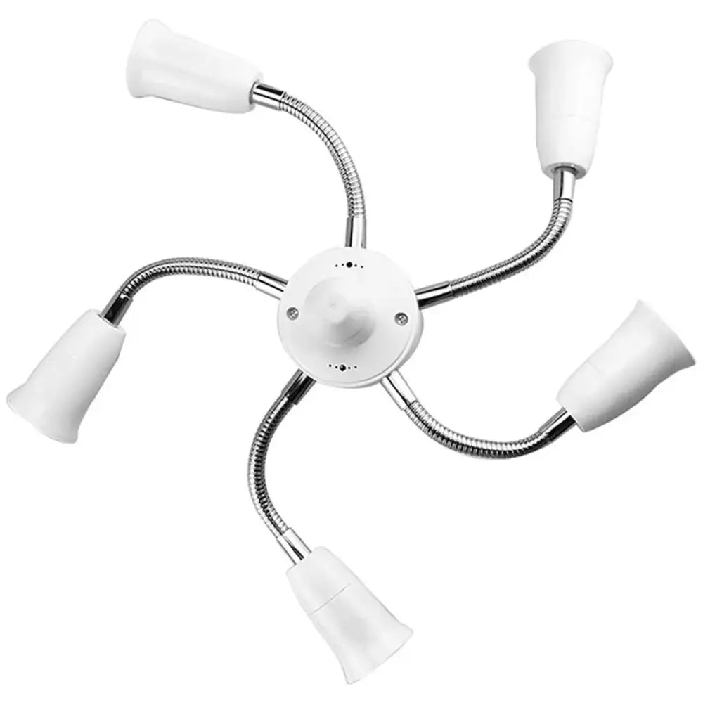 White multi-arm desk lamp with flexible chrome gooseneck arms and white fixtures paired with DecorBites™ light splitter socket adapter