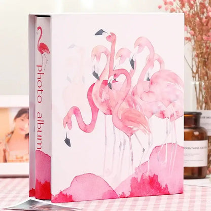 Pink watercolor flamingo-themed DecorBites 6-inch family baby wedding scrapbook album with white cover and red accents